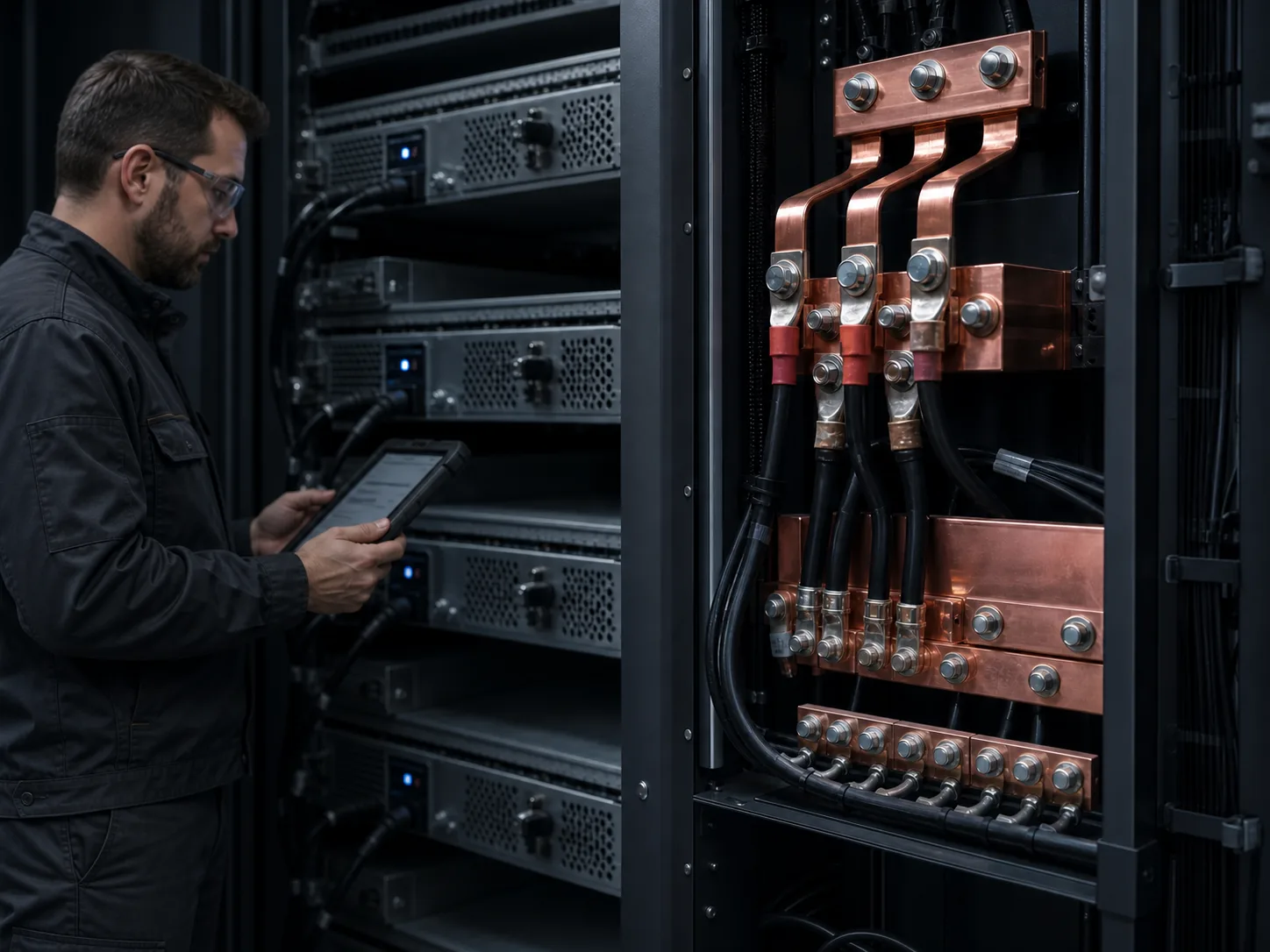 Engineer inspecting ring terminals and bus bars in an industrial computing rack