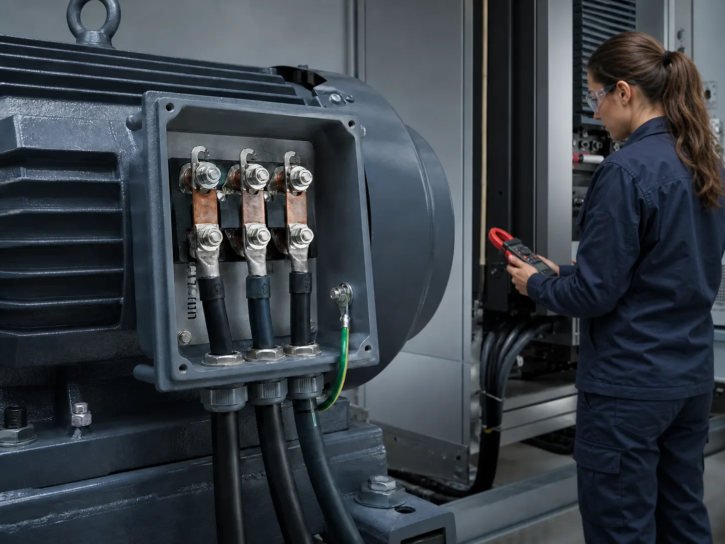 Engineer checking electric motor lead and ground terminal connections