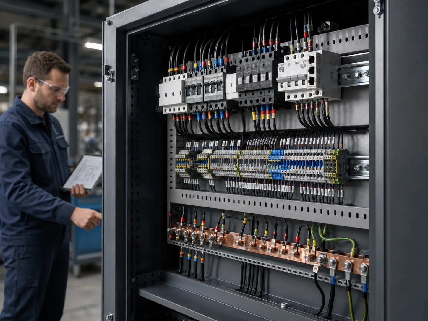 Panel engineer reviewing pin and ring terminal wiring in a control cabinet