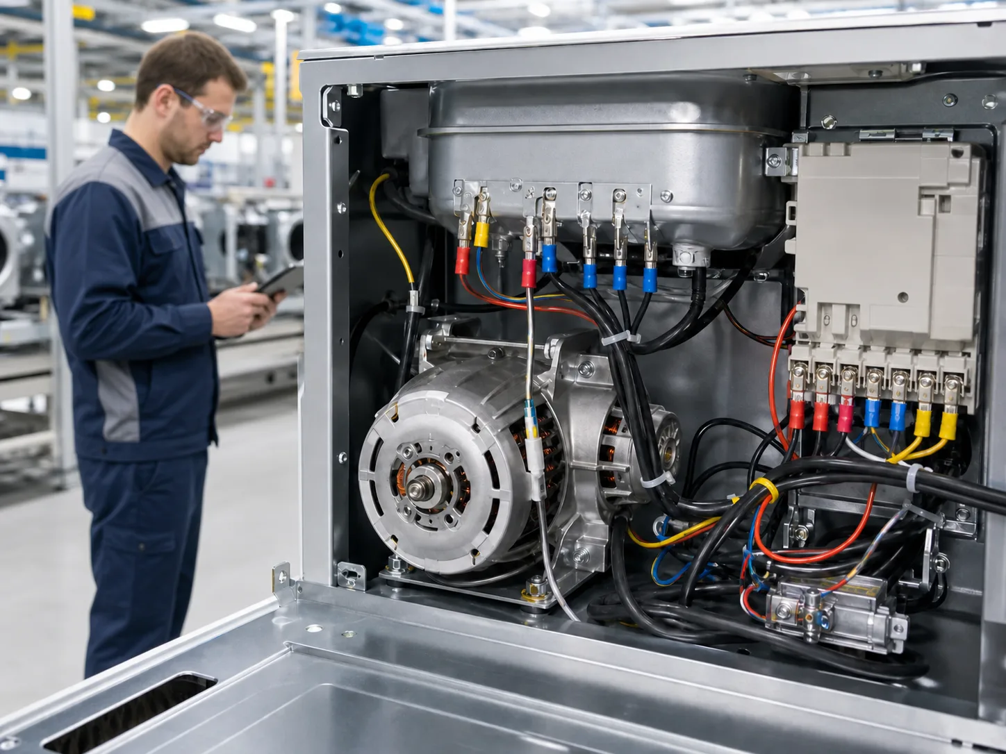 Quality engineer inspecting insulated terminals in an appliance wiring harness