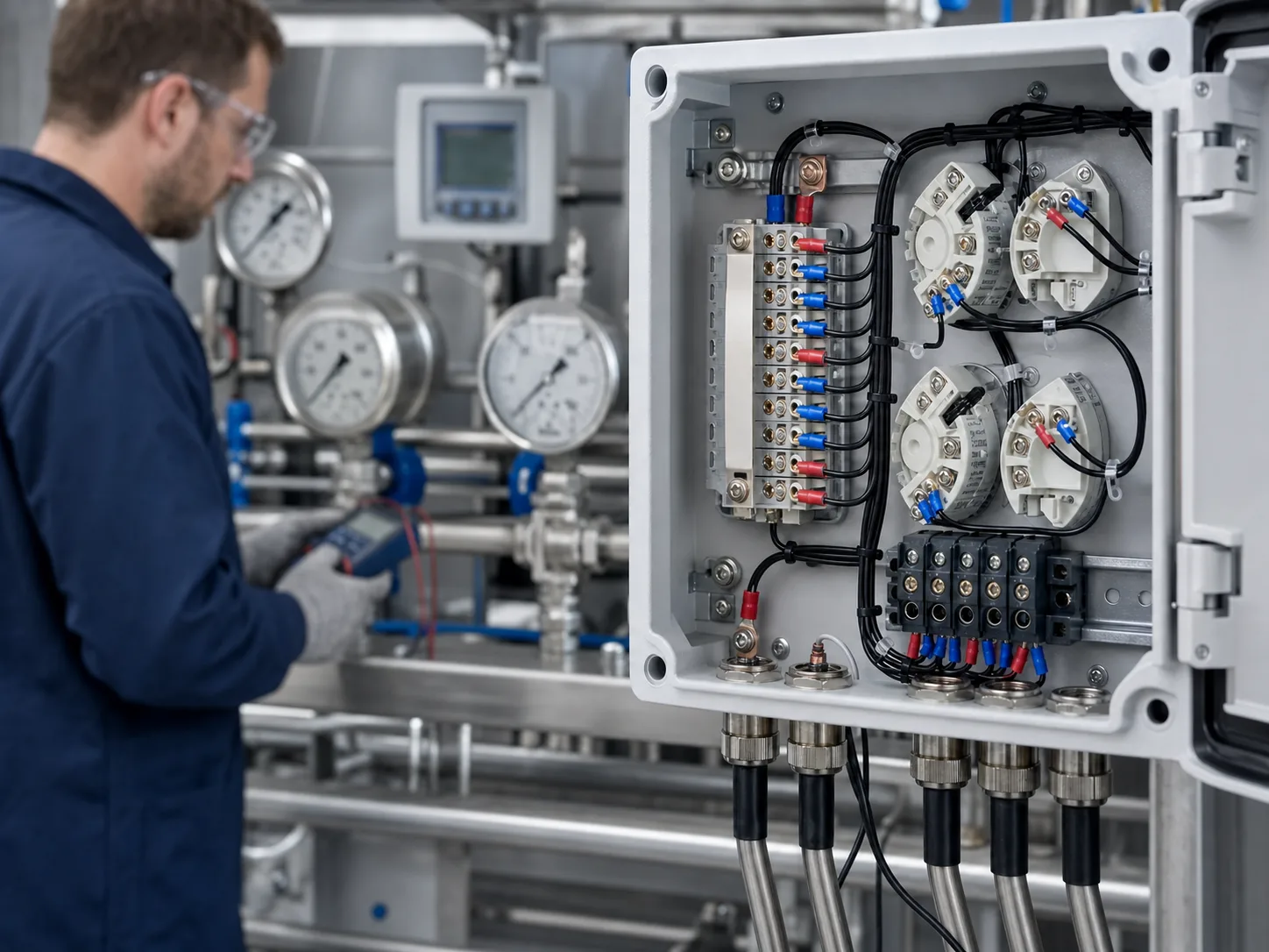 Instrumentation engineer calibrating equipment beside compact pin terminals