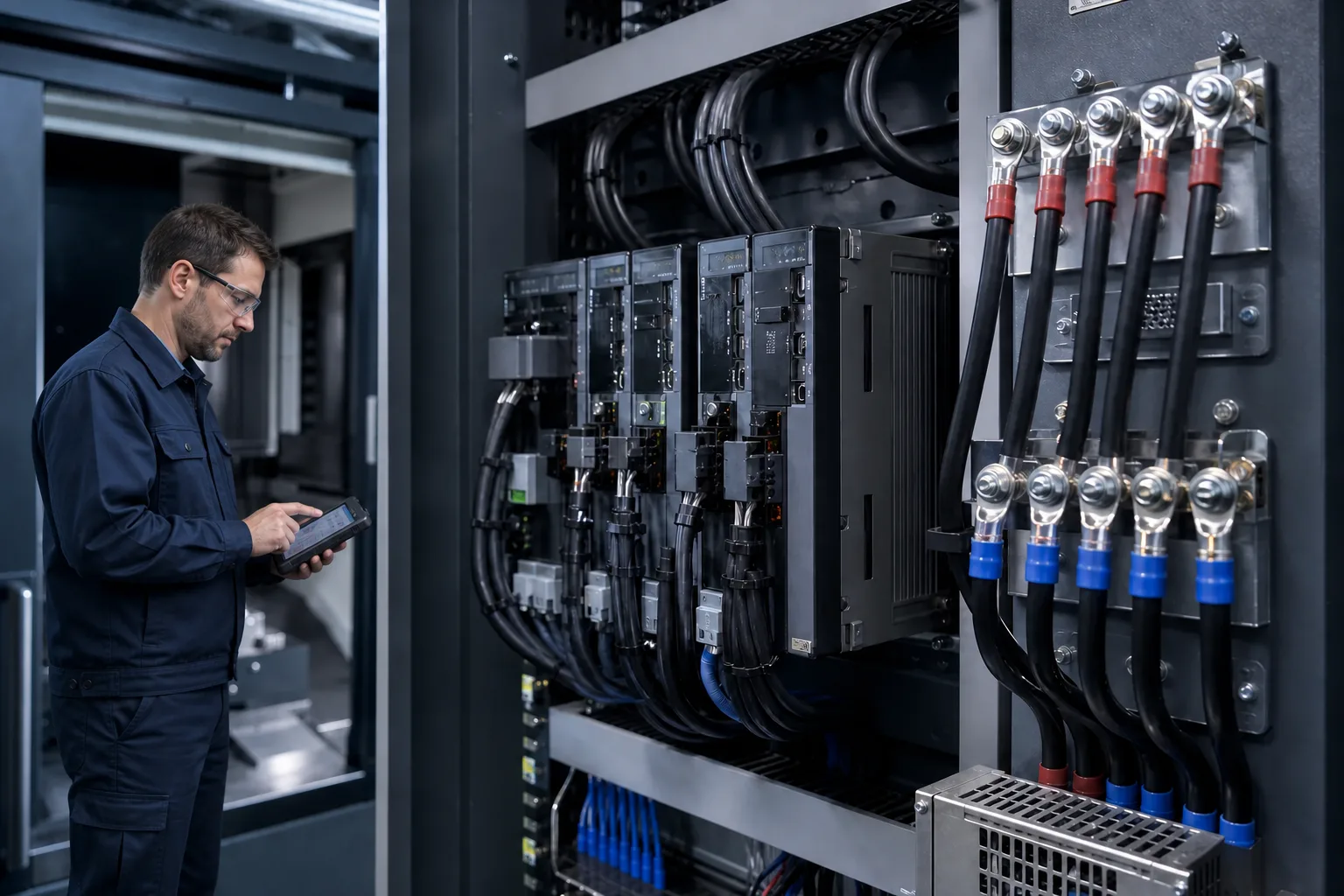 Engineer inspecting copper ring terminals in a machine tool control cabinet