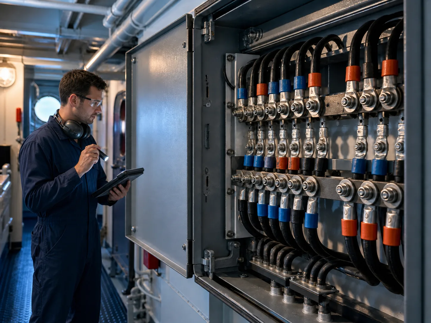 Marine engineer inspecting tin-plated copper terminals in a shipboard panel