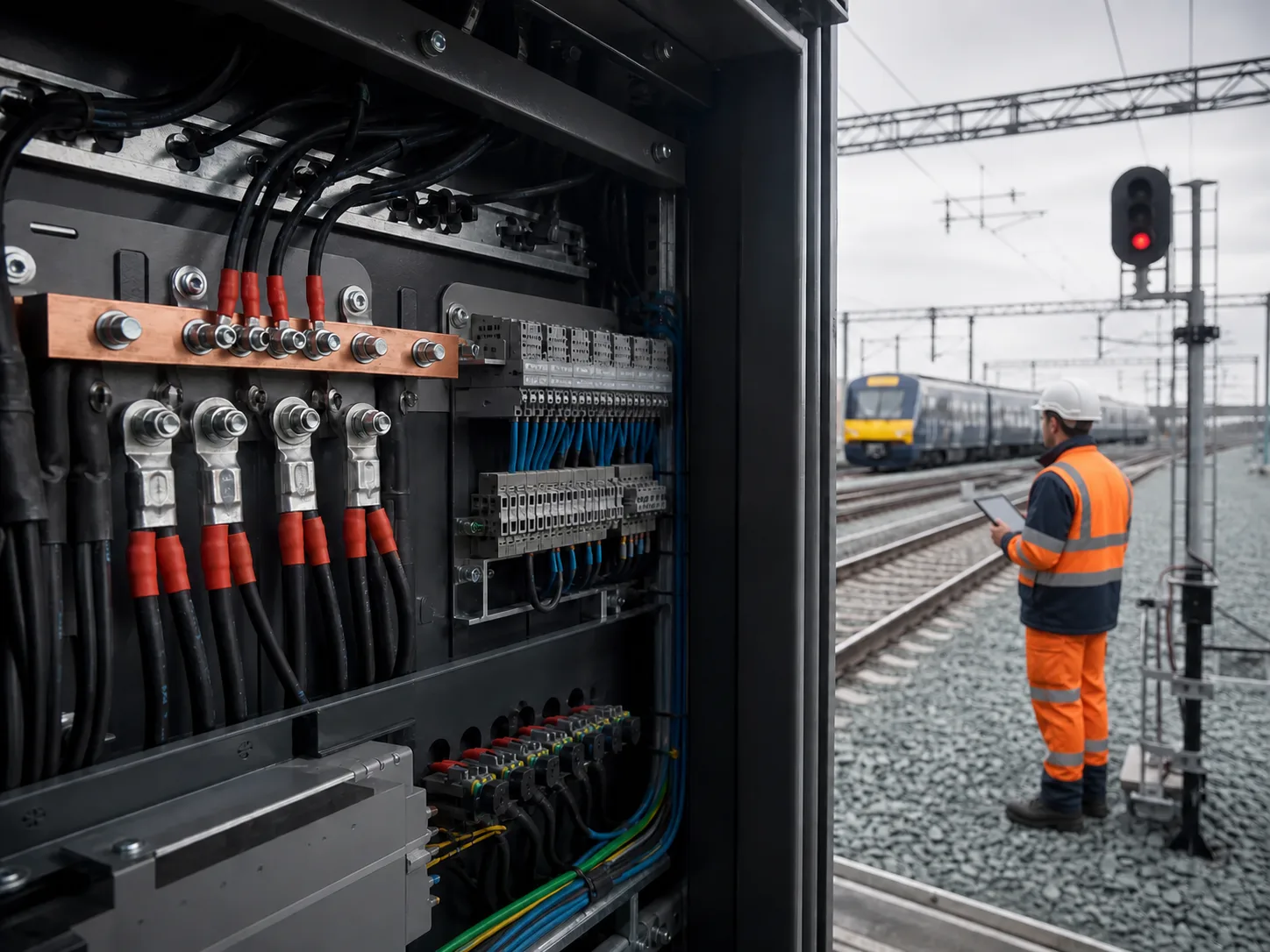 Railway engineer inspecting electrical control wiring and ring terminals