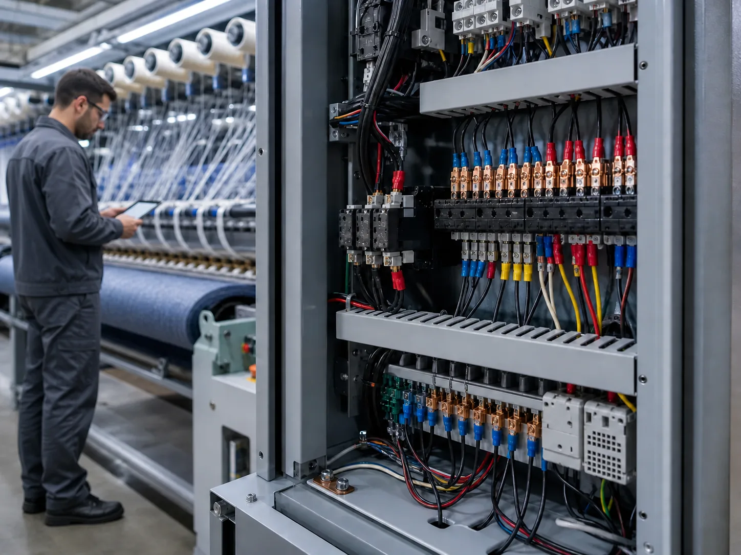 Engineer inspecting insulated terminals in a textile machinery control panel