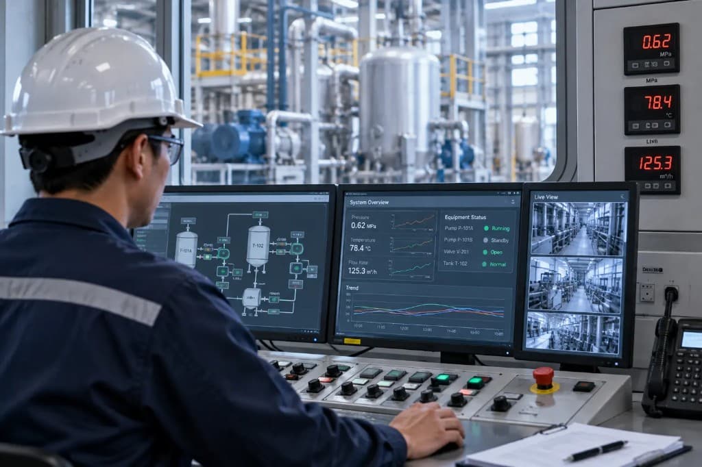 Industrial control room instrumentation panels with process monitoring displays