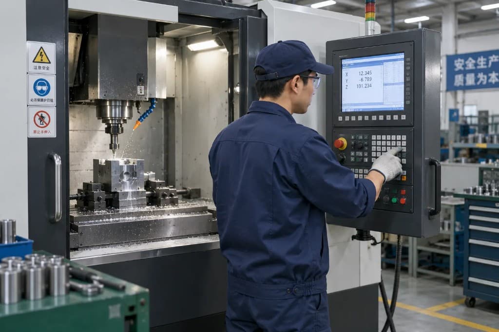 CNC machine tool operator at a control panel for industrial wiring applications
