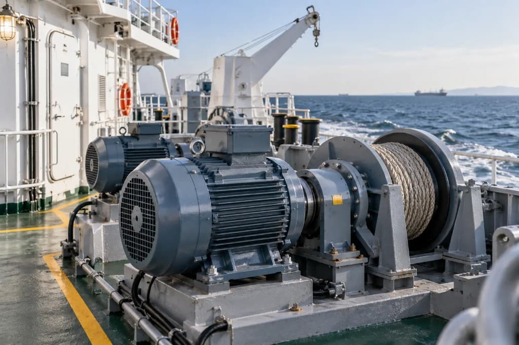 Shipboard electric motors and winch system for marine terminal applications